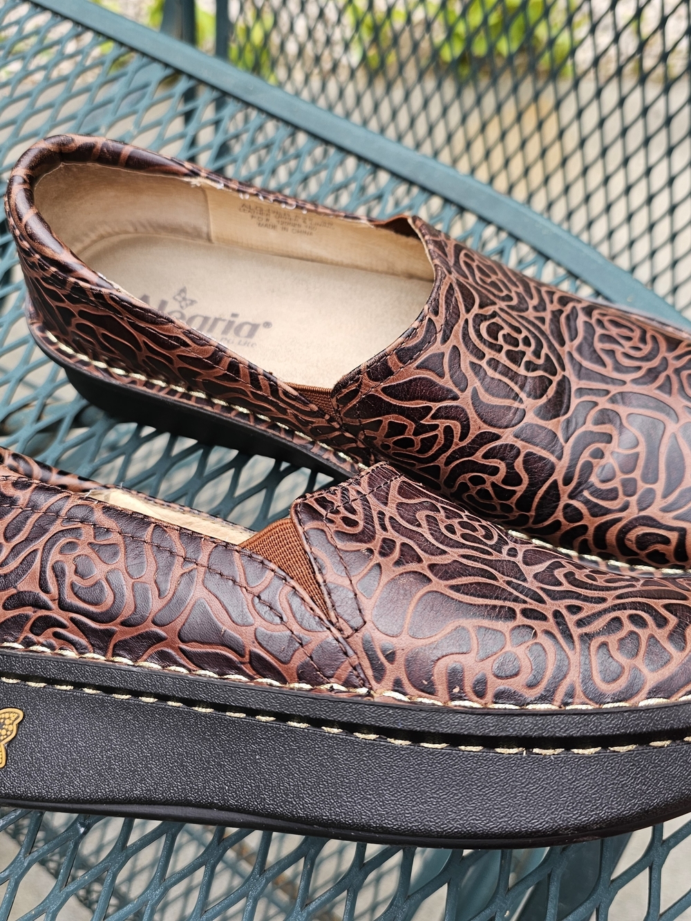 Alegria Brown Leather Floral Embossed Slip-On Mules